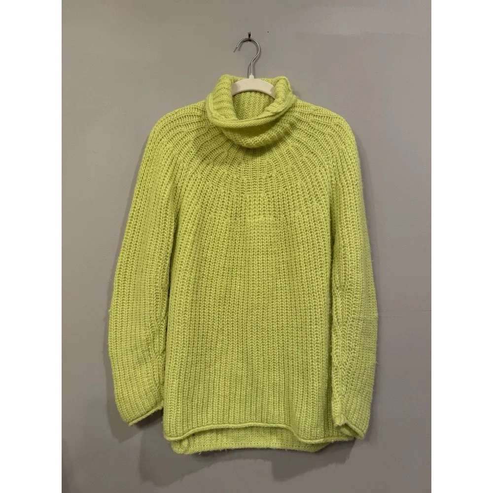 Rag & Bone Womens Joseph Turtleneck Sweater Ribbed Lime Green Oversized Wool XS